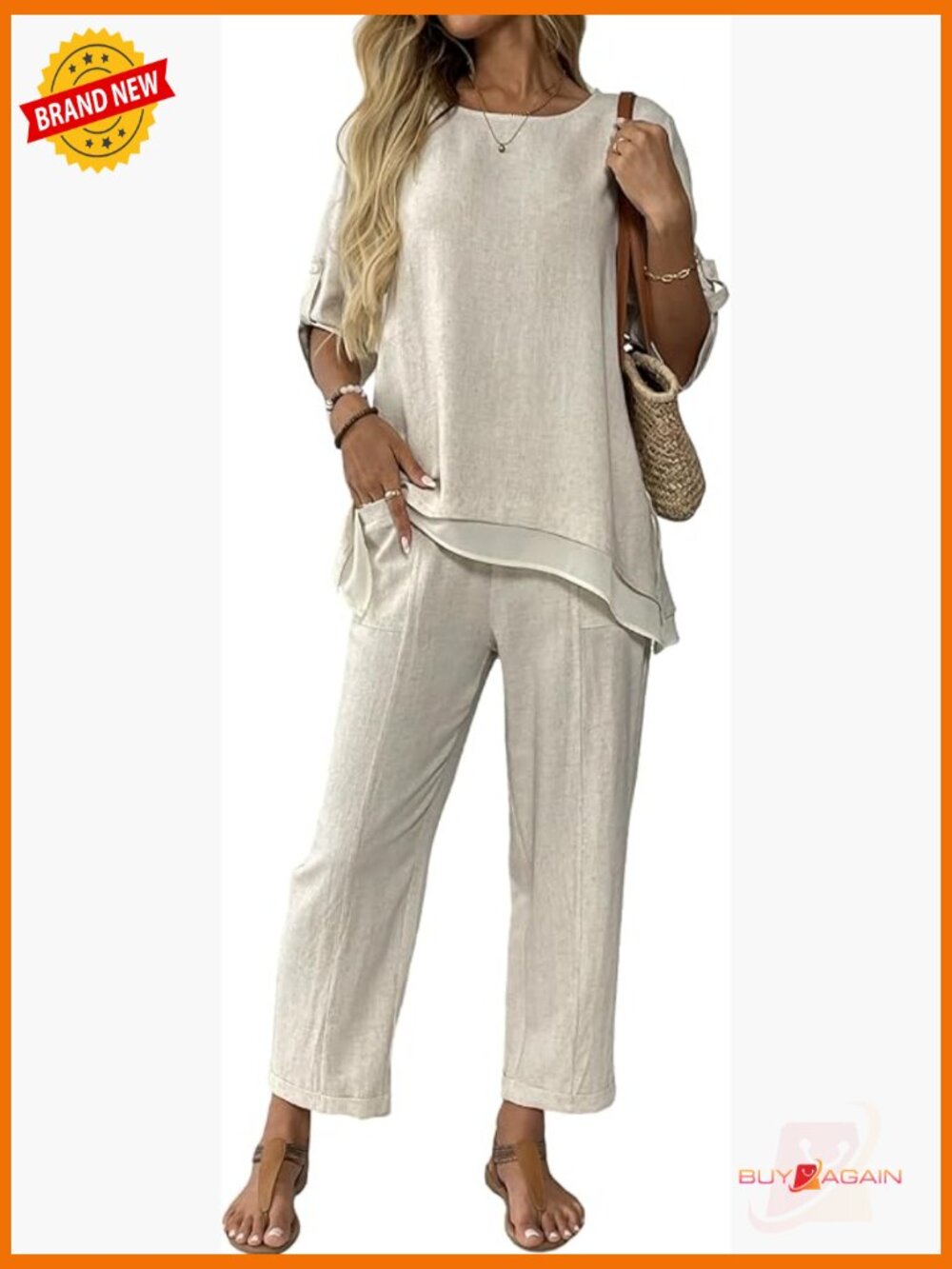 Linen 2 Piece Outfit Set Capri Pants 3/4 Sleeve Top Lounge Travel